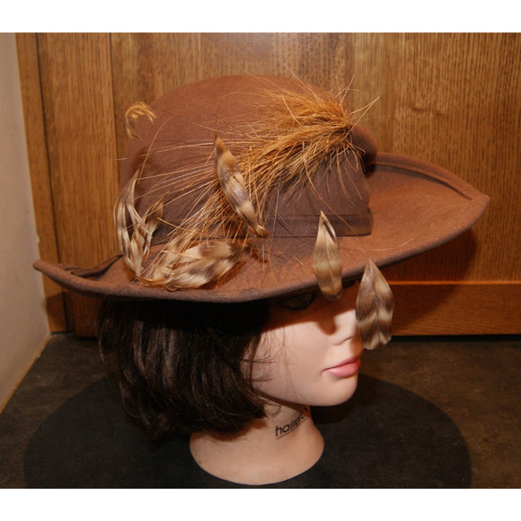 Vintage Kurt Jr Tom Hann Brown 100% Wool Hat Pheasant Feathers 60s USA Made 20.5 main image 9